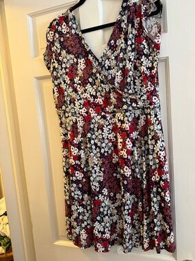 Floral V-Neck Fit & Flare Dress in Red, White, Black